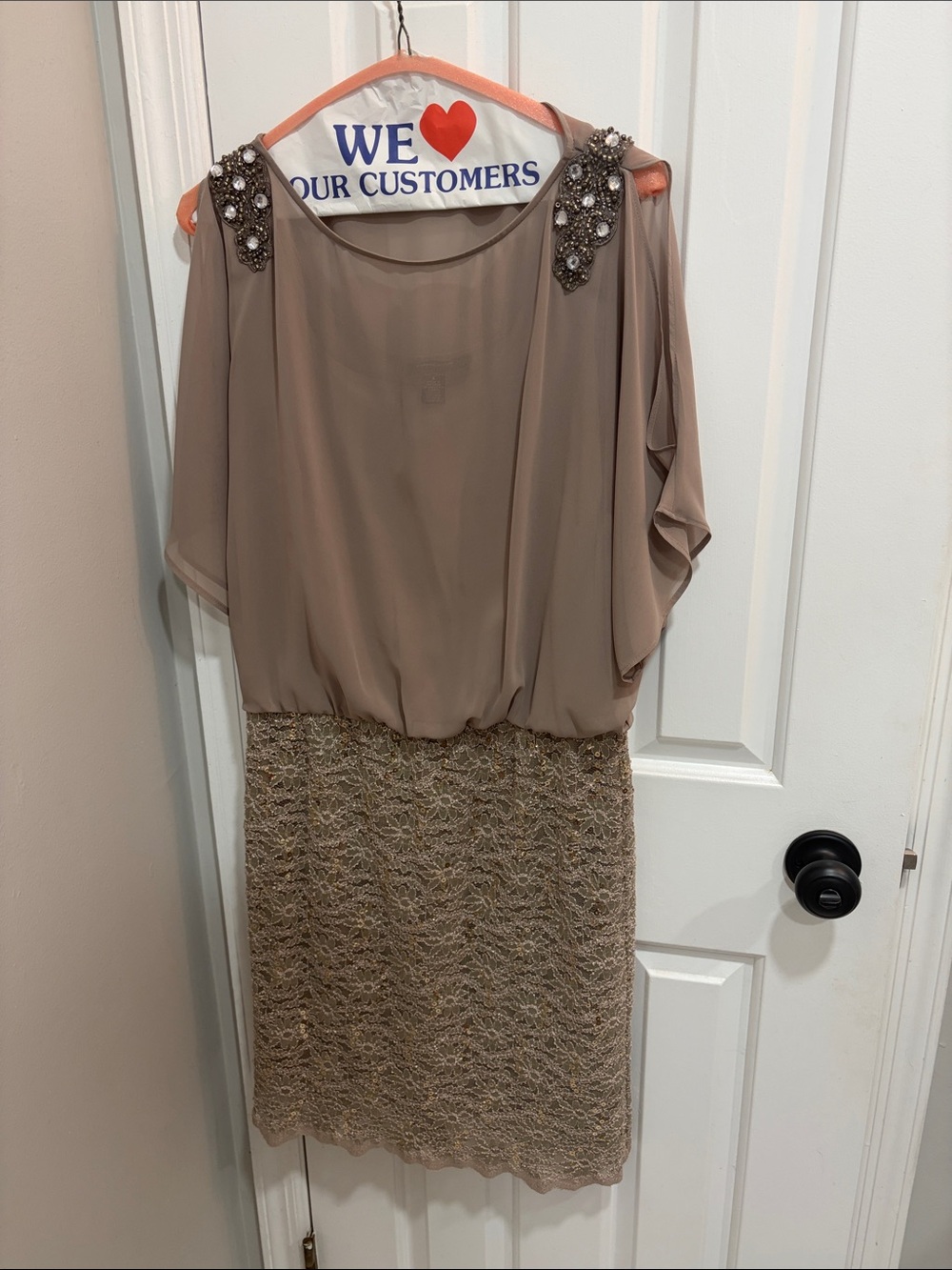 R&M Richards Taupe Embellished Shoulder Chiffon & Lace Pencil Dress